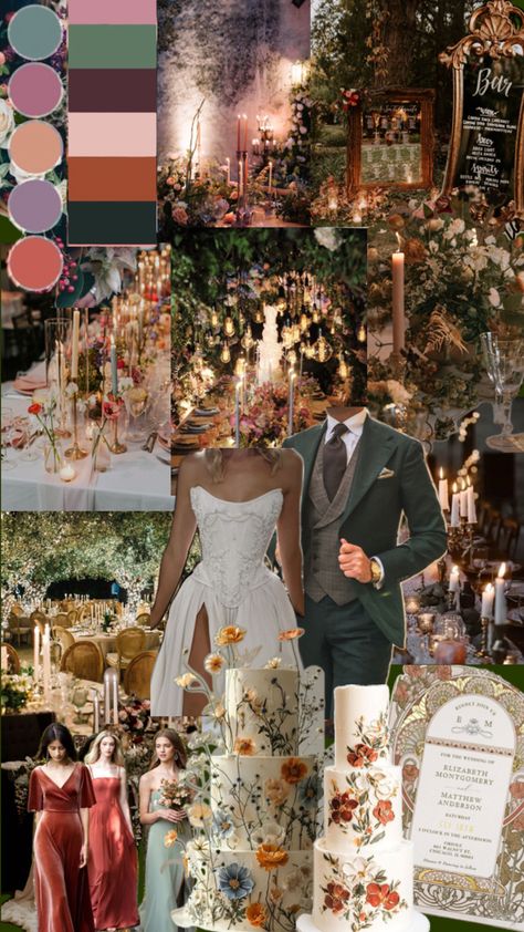 Medieval Wedding Theme, Enchanted Forest Wedding Theme, Star Themed Wedding, Midsummer Nights Dream Wedding, Wedding Collage, Wedding Color Pallet, Forest Theme Wedding, Enchanted Forest Wedding, Dream Wedding Decorations