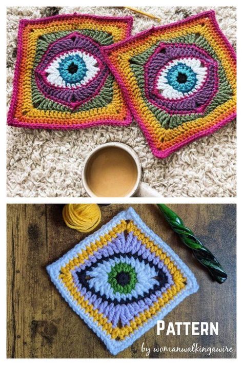 Granny Eye Square, Crochet Eyeball Blanket, Crochet Eyes Granny Square, Crochet Eyes Blanket, Crochet Patterns Using Granny Squares, Eyeball Granny Square Pattern Free, Crochet Eye Granny Square Pattern, Eyeball Granny Square Pattern, Eyeball Crochet Granny Square