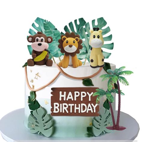 PRICES MAY VARY. Handade of polymer clay Package include: 1 happy birthday sign, 1 Lion, 1 Giraffe,1 Monkey,15 Tropical Leaves,1 Coconut Tree Perfect for jungle safar animal cake Jungle Safari Animal Cake Topper with Lion Giraffe Monkey Elephant Safari Birthday Cake, Baking Design, Jungle Theme Cakes, Animal Themed Birthday Party, Happy Birthday Theme, Birthday Party Images, Jungle Theme Birthday, Jungle Cake, Wild One Birthday Party