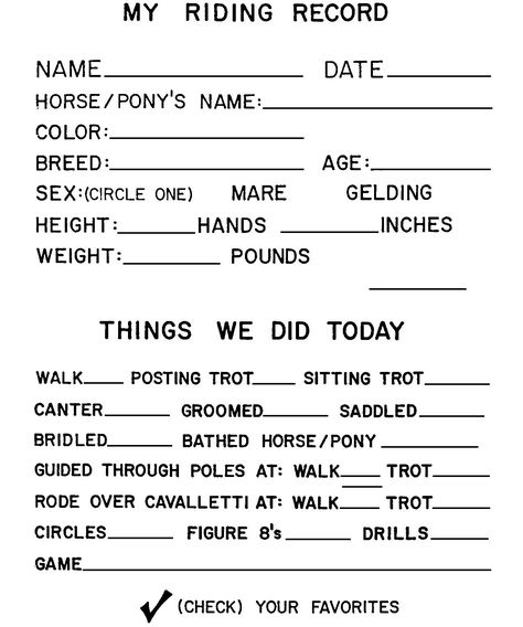 booklet pg 22 - My Riding Record  The rest of this workbook can be found at;  http://www.pinterest.com/HorseInterests/illustrations-handouts/ Horse Lessons, Horse Exercises, Riding School, Horse Info, Horse Riding Tips, Horse Camp, Horse Therapy, Horse Training Tips, Horse Boarding