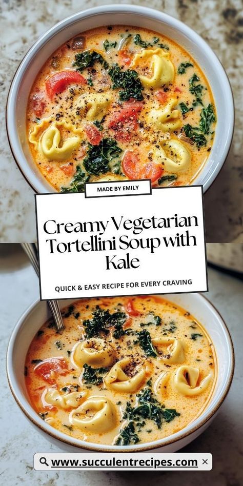 Make your week easier with this Hearty Creamy Vegetarian Tortellini Soup with Kale, perfect for meal prep! This soup not only freezes well but also tastes fantastic, allowing you to enjoy a delicious homemade meal anytime. Vegetable Soup Tortellini, Soup For Vegetarians, Vegetarian Tortellini Soup Crock Pot, Tortellini Soup Recipes Vegetarian, Veggie Cheese Tortellini, Tortellini Kale Soup Recipes, Tortellini Veggie Soup, No Meat Soups In A Crock Pot, Creamy Vegetarian Soup Recipes