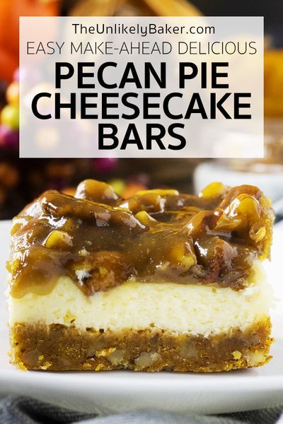 Looking for an easy, delicious, impressive holiday dessert? Bake pecan pie cheesecake bars. They’re a breeze to make but always a hit with everyone. Most requested at Thanksgiving and Christmas. Creamy cheesecake on a pecan graham cracker crust with decadent caramel butter pecan pie topping. Follow along with video instructions and step-by-step photos. #thanksgivingdessert #pecanpiedessert #easyrecipe #holidaybaking Pecan Pie Topping, Easy Holiday Desserts Christmas, Pecan Pie Cheesecake Bars, Easy Bars, Butter Pecan Pie, Holiday Desserts Thanksgiving, Pecan Pie Cheesecake Recipe, Pie Topping, Caramel Butter