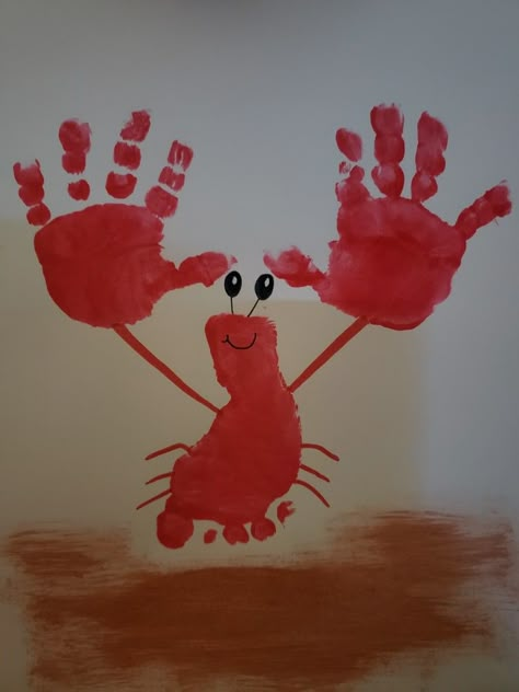 Under The Sea Art For Toddlers Ocean Themes, Ocean Art Projects For Infants, Beach Theme Infant Art, Crab Footprint Craft, Infant Beach Art, Under The Sea Projects For Kids, Red Infant Crafts, Ocean Infant Crafts, Sea Animal Art For Toddlers