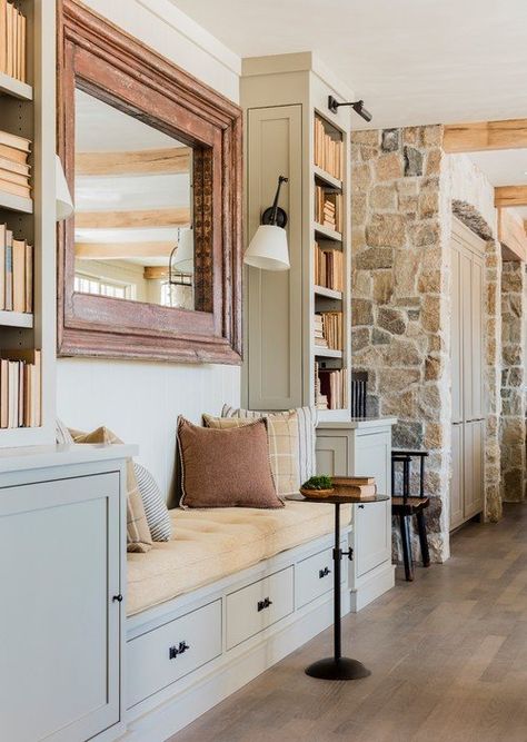 8 Built-In Ideas for the Living Room - Town & Country Living Rowhouse Interiors, Custom Bookshelves, Cozy Spot, Bookshelf Design, New England Homes, A Living Room, Window Seat, Stone Wall, Built Ins