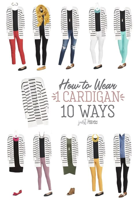 How to wear and style 1 black and white striped cardigan 10 different ways! This cardigan is such a great piece to wear all year long and perfect for a capsule wardrobe. You can easily dress it up for work or wear it casually. It is also available in solid colors too and can be easily dress up or down. Stripe Cardigan Outfit, Mode Ab 50, Work Outfits Frauen, Black And White Cardigans, Cardigan Outfit, Cardigan Style, Teacher Style, Cardigan Outfits, Teacher Outfits