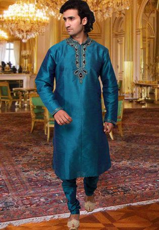 Aqua Blue Brocade & Raw Silk Readymade Kurta with Churidar Blue Kurta, Men's Ethnic Wear, Kurta Pyjama, Men Wear, Mens Wear, Pakistani Wedding, Peacock Blue, Churidar, Pyjama Set