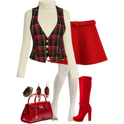 Christmas Outfit Red And White, 60s Inspired Outfits, Red Overlay, White Turtle Neck, Plaid Outfit, Christmas Outfit Ideas, Red Bag, Red Skirt, Red Heels