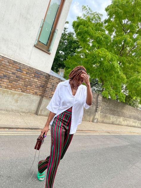 Camper Kobarah Outfit, Kobarah Sandals, Locs Ginger, Camper Kobarah, Striped Trousers, White Short Sleeve Shirt, London Street Style, London Street, Autumn Style