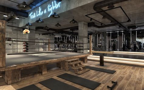 It boasts a full-size boxing ring, complete with a Ringside Lounge as part of a collaboration with Joe & The Juice. The company will offer a bespoke fitness menu including pre-workout shots, post-workout protein shakes, and healthy salads. Boxing Gym Interior, Home Boxing Gym, Boxing Gym Design, Boutique Gym, Dream Gym, Gym Design Interior, Bedroom Inspirations Minimalist, Boxing Ring, Personal Training Studio