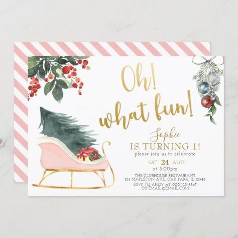 $2.95 | Oh What Fun! Turning One Christmas First Birthday #1st birthday, first birthday, 1st birthday party invitation, pink and gold, oh what fun, christmas sleigh, pink sleigh, sleigh, sleigh invitation, winter birthday Christmas 1st Birthday, Christmas First Birthday, 1st Birthday Party Invitations, Oh What Fun, 1st Birthday Invitation, Winter Birthday, Turning One, Christmas Sleigh, 1st Birthday Invitations