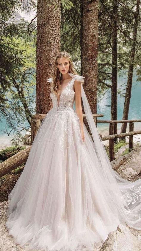 Elegant Boho Wedding Dresses | Wedding dresses whimsical, A-line wedding dress, Wedding dresses romantic Poofy Wedding Dress, Wedding Gown Ideas, Elegant Boho Wedding, Forest Wedding Dress, Gowns Princess, Wedding Dresses Whimsical, Wedding Dress Types, Boho Wedding Dresses, Gown Ideas