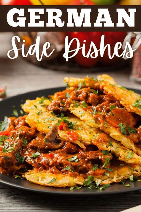 Bring the taste of Germany into your kitchen with these 20 delicious German side dishes! From potato pancakes to sauerkraut, these sides will turn dinner into your very own Oktoberfest! German Sides, German Side Dishes, Bread Dumplings, German Potatoes, Fermented Cabbage, German Potato Salad, Spanish Tapas, Potato Sides, Potato Pancakes