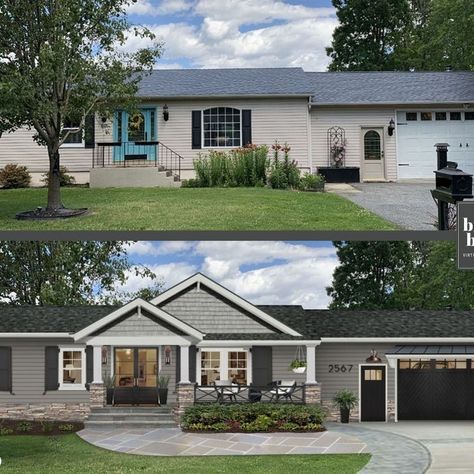 Front Of Home Design Ideas, Rambler Front Porch Ideas, 70s Rambler Exterior Remodel, Single Story Exterior Remodel, Front Walkway Ideas Ranch House, Siding Ranch Style House, Single Story Home Exterior Makeover, Brick And Vinyl Exterior Ranch, Front Of House Makeover Ranch