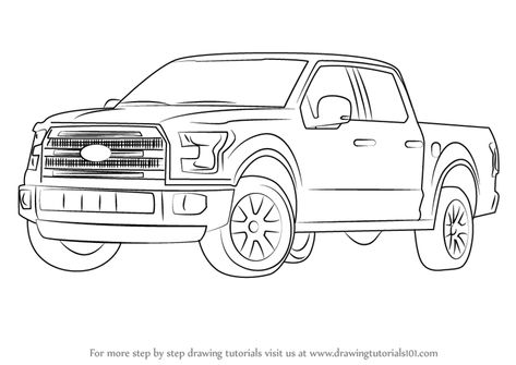 How to Draw Ford F-150 Truck step by step, learn drawing by this tutorial for kids and adults. Ford Truck Drawing, Car Drawing Pencil, Ford Highboy, Truck Drawing, Truck Tattoo, Ford Lobo, Fords 150, Monster Truck Coloring Pages, Dirt Late Models