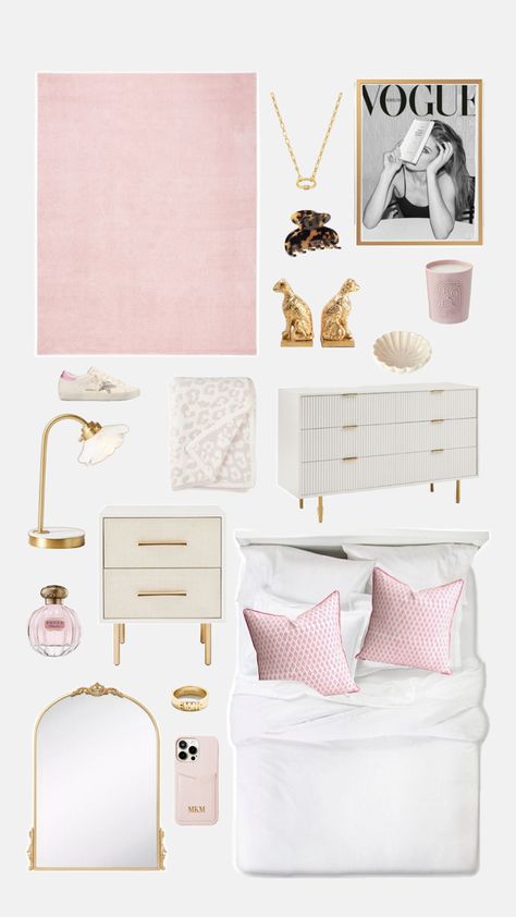 pink, white, gold, bedroom inspo, gossip girl tvshow, blaire, serena, pillows, bed, shoes, mirror, aesthetic, inspiration Pink White Gold Bedroom, Gossip Girl Bedroom, Shuffles Room, White Gold Room, White Gold Bedroom, Gold Room Decor, White Room Decor, Girls Dorm Room, Room Redesign