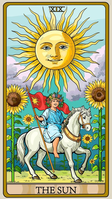 Tarot Cards Art Illustration, Sagittarius Tattoo Designs, Sun Tarot Card, Sun Wallpaper, The Sun Tarot Card, Tarot Significado, The Sun Tarot, Learning Tarot Cards, Angel Oracle Cards