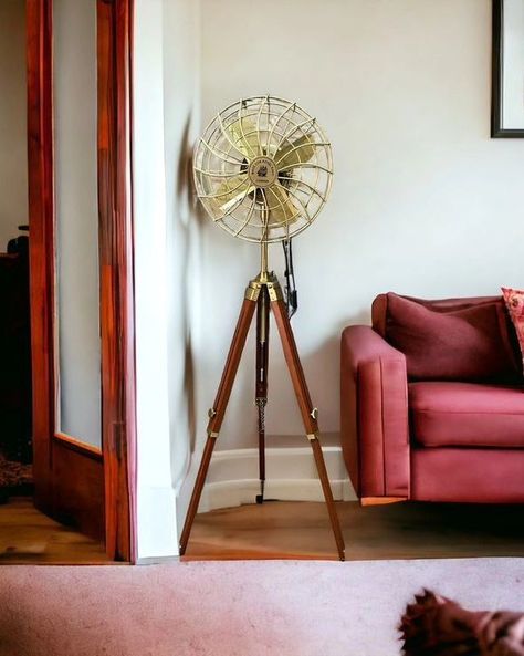 Vintage-Inspired Handmade Electric Floor Fan with Adjustable Wooden Tripod Stand - Antique Brass Finish, Home Office Decor Designer Fans, Standing Fans, Pedestal Fan, Room Fan, Tripod Stand, Floor Fan, Dream Board, Vintage Modern, Material Wood