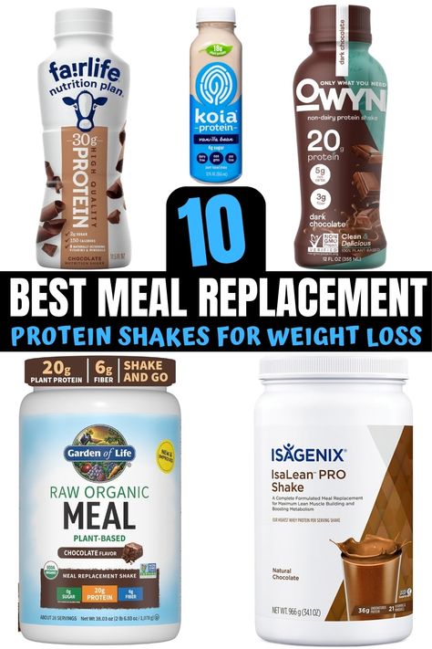 This guide to meal replacement shakes for weight loss has all the best ones you can get, from protein powders to bottled shakes... Meal Replacement Shakes Diet Plan, Healthiest Protein Shakes, Keto Meal Replacement Shake, Best Meal Replacement Shakes For Women, Keto Shakes Meal Replacements, Protein Shakes For Fat Loss, Protein Shake Meal Replacement, Protein Shake Diet Plan, Shake Diet Plan