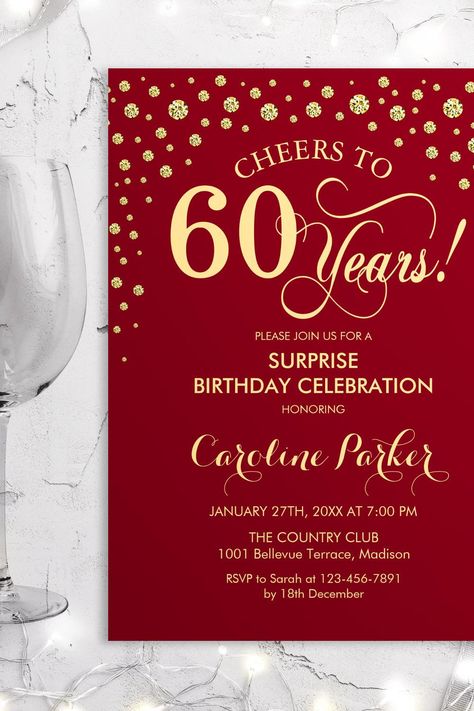 Surprise 60th Birthday Party - Red Gold Invitation Surprise 60th, Cmyk Ink, 60th Birthday Invitations, 70th Birthday Parties, 60th Birthday Party, Gold Invitations, Online Invitations, 70th Birthday, Birthday Surprise