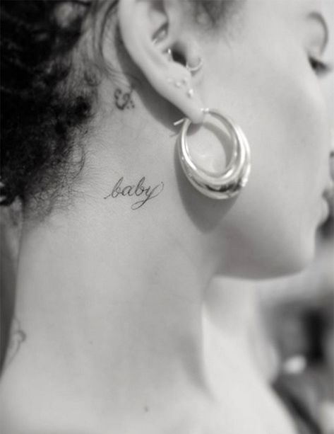 Rihanna Neck Tattoo, Zoe Kravitz Tattoos, Word Neck Tattoos, Patience Tattoo, Dr Woo, Neck Tattoos Women, Upper Arm Tattoos, Latest Tattoos, Tattoo Script