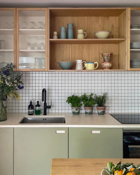 House refs • Instagram Small One Wall Kitchen, Soft Green Kitchen, 1950s Cottage, Open Kitchen Cabinets, One Wall Kitchen, Plywood Kitchen, Art Deco Kitchen, Prep Table, Small Cottage Kitchen