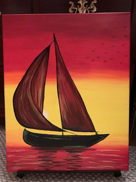 Boat Scenery Drawing, Boat Painting Simple, Homemade Boat, Fishing Painting, Acrylic Painting For Kids, Simple Boat, On Black Canvas, Boat Drawing, Beach Art Painting