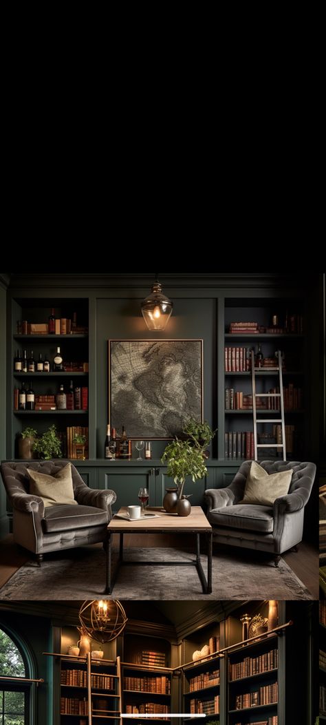 Masculine Home Library, Speakeasy Library Room Ideas, Home Bar And Library, Wet Bar Library, Study Room Ideas For Men Home Libraries, Home Library With Bar, Dark Library Aesthetic Home, Dark Office Library, Moody Academia Office