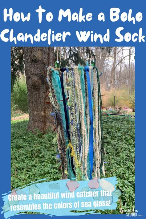 A windsock that is made to look like sea glass and is made out of ribbons and yarn hung onto a ring. Wind Sock Diy, Diy Wind Sock, Diy Windsock, Wind Socks, Recycled Garden Art, Wind Catcher, Boho Chandelier, Diy Suncatchers, Boho Decoration