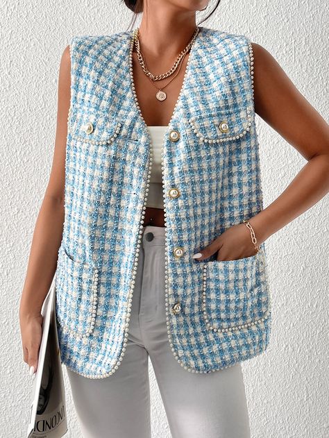 Tweed Vest Outfit Women, Vest Outfit Women, Ropa Upcycling, Design For Clothing, Tweed Style, Tweed Vest, Tweed Jackets, Pocket Vest, Waist Coat