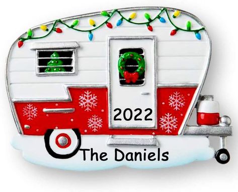 Personalize this adorable Christmas Camper RV Ornament for your family and loved ones that enjoy traveling on vacation or year 'round! Great as retirement gifts, birthday presents or an addition to your own seasonal decoration collection! This classic red and white travel trailer is painted with festive Christmas lights, wreath and snowflakes! Measures approximately 3 inches and includes attached loop for hanging. Personalization will be handwritten and sure to be a keepsake! Note: Items that ar Camping Ornaments, Christmas Camper, Camper Ornament, Personalized Christmas Ornaments Family, Travel Ornament, Camper Decor, Rv Camper, Vintage Camper, Happy Camper