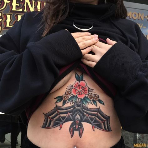 Hanging Bat Sternum Tattoo | Tattoo Ideas and Inspiration | wyattvandergeest Traditional Belly Tattoo, American Traditional Sternum, Traditional Sternum Tattoo Women, Bat Tattoo Sternum, Spooky Underbust Tattoo, Bat Sternum Tattoo Women, Sternum Bat Tattoo Women, Spooky Sternum Tattoo, Sternum Bat Tattoo