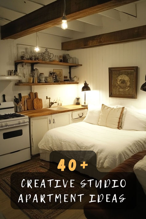 Maximize your small space with 40 creative studio apartment ideas. 🏢🎨 These innovative designs feature space-saving furniture, clever layouts, and stylish decor that transform your living area. Ready to revamp your studio? Click to explore all the creative ideas! #StudioApartments #SmallSpaces #SpaceSaving #CleverLayouts #StylishDecor Interior Design One Bedroom Apartment, Bedroom Ideas For Studio Apartments, One Room Efficiency Layout, Loft Closet Ideas Studio Apartments, 1 Room Flat Ideas Small Spaces, King Bed In Studio Apartment, Small Studio Inspiration, Bed Next To Kitchen Studio, Downstairs Apartment Ideas