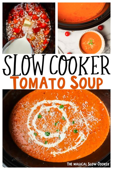 Making your own rich and creamy slow cooker tomato soup just got easier. The combination of tomato, garlic, broth, and a flour mixture makes for a soup that's good for dinner and lunch leftovers. - The Magical Slow Cooker Tomato Soup Slow Cooker Crockpot, Soups In Slow Cooker, Slow Cooker Creamy Tomato Soup, Tomato Soup Crock Pot, Tomato Soup Slow Cooker, Crock Pot Tomato Soup, Stew Ideas, Crockpot Tomato Soup, Slow Cooker Tomato Soup