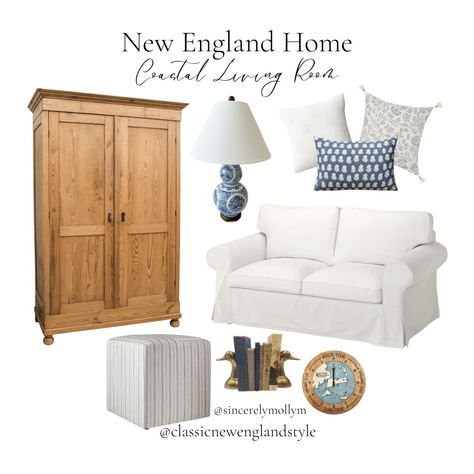 New England Colonial Living Room, Classic New England Home Interior, New England Style Living Room, New England Interiors, Coastal Grandmillennial, Coastal New England Home, New England Interior Design, New England Decor, Coastal Modern Farmhouse