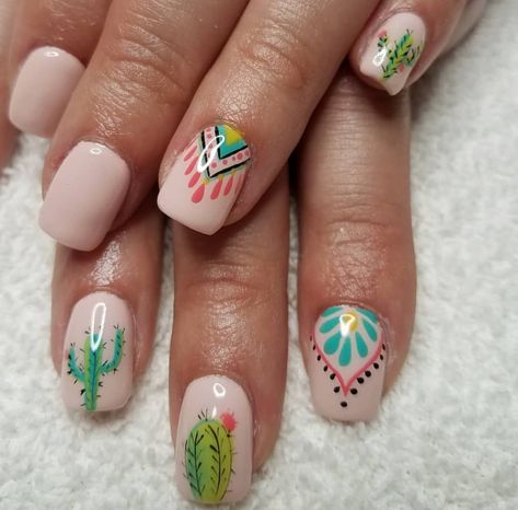 Desert Theme Nails, Mexico Inspired Nails, Camping Nails, Cactus Nails, Nail Art Pedicure, Western Nails, Nagellack Trends, Easter Nails, Festival Nails