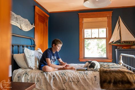 My Favorite Projects from 2020 - Conor's Coastal Bedroom Makeover | Finding Silver Pennies #homedecor #kidsroom #favoriteprojects #interiors Dark Wood Trim, Kids Shared Bedroom, Dark Trim, Choosing Paint Colours, Navy Walls, Choosing Paint, Inspired Bedroom, Neutral Paint Colors, Old Room