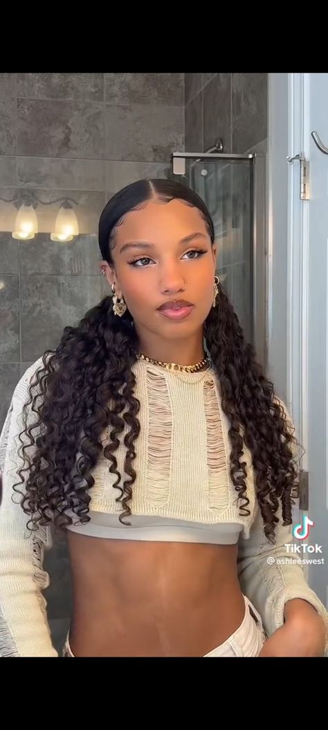 Curly Hair Styles Ponytail, Side Part Pigtails Curly Hair, Curly Pigtails Black Women, Pigtail Hairstyles Curly Hair, Curly Pigtail Hairstyles, Cute Curly Ponytail, Pigtails Curly Hair, Curly Hair Pigtails, Pigtails Curly