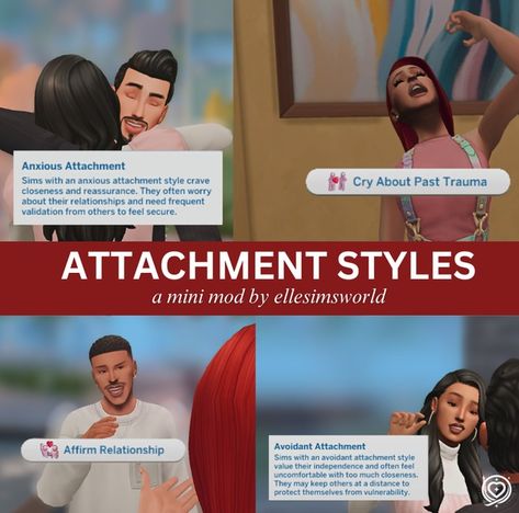 Preview: Attachment Styles (A Mini Romance Mod) | Patreon Sims 4 Protective Trait, Ashwarrplays Sims 4, Sims 4 Cc Aspirations Patreon, Sims 4 Gameplay Cc, Sims 4 Relationship Mod, Sims Aspirations, Sims 4 Aspirations Cc, Sims 4 Romance Mods, Sim4 Mods