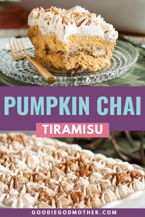 Pumpkin Chai Tiramisu - This unique tiramisu recipe is a great alternative to pumpkin pie for your fall dessert table! No baking required, and easily assembles in under 30 minutes * GoodieGodmother.com Pumpkin Chai Pie, Pumpkin Pie Tiramisu, Fall Tiramisu, Unique Tiramisu Recipe, Chai Tiramisu Recipe, Fancy Pumpkin Desserts, Chai Tiramisu, Unique Pumpkin Desserts, Pumpkin Tiramisu