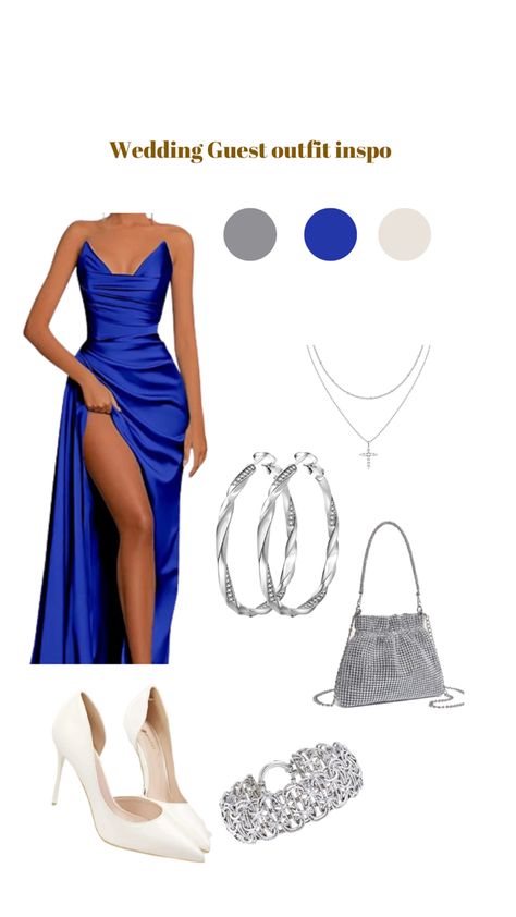 Royal blue dress,silver hoop earrings, silver bracelet, white pump heels, silver purse, wedding guest outfit, #ltkwedding #ltkstyletip #amazonaffiliatelink #amazon Wedding Guest Blue Outfit, Heels For Royal Blue Dress, Accessories For Royal Blue Dress, Royal Blue Dresses For Wedding, Heels With Royal Blue Dress, Silver Heels Outfit Dress, Blue Dress Silver Heels, Blue Dress And Black Heels, November Fits