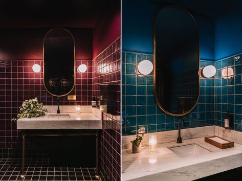 Time Travel: 8 Contemporary Ways to Resurrect Art Deco Glamor Burgundy Tile, Burgundy Bathroom, Trending Wall Art, Best Wall Art, Interior Design Consultation, Metallic Design, Stall Designs, Art Deco Buildings, Minimalist Lighting