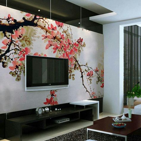 Love the floral mural behind the wall-mounted TV. except a crib instead Wallpaper Behind Tv, Tv Wall Decor Ideas, Interior Design Per La Casa, Large Tv, Asian Homes, Tv Wall Decor, Asian Home Decor, Asian Decor, Design Del Prodotto