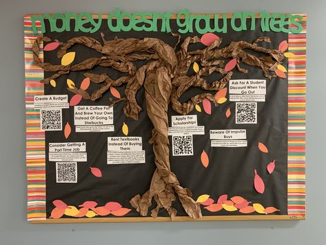 For this bulletin I wanted to make a tree for the *Autumn Aesthetics* but also give my residents some money saving tips, thus "money doesn't grow on trees" was born. I tore and twisted brown butcher block paper to make the tree. I stapled it in random places on the board to form the trunk and branches, actually super simple! Paper Tree Bulletin Board, Tree Themed Bulletin Boards, Ra Decorations, Bulletin Board Tree, Bullentin Boards, Ra Bulletins, Random Places, Jungle Cruise, Door Decs