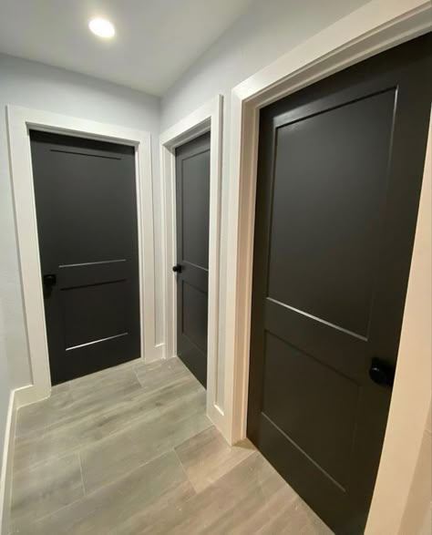 Cracked Pepper Living Room, Cracked Pepper Paint Bedroom, House With Black Doors Inside, Black Interior Door Colors, Black Trim And Doors Interior, Black Doors Hallway, Cracked Pepper Bedroom, Dark Doors With White Trim, Dark Interior Doors