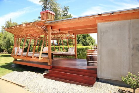 Dwell - Sip Wine in This Japanese Pagoda-Inspired Pavilion Enclosed Pavilion, Redwood Deck, Decking Patio, Chinese Pavilion, Outdoor Decking, Wooden Pavilion, Concrete Exterior, Pavilion Plans, California Winery