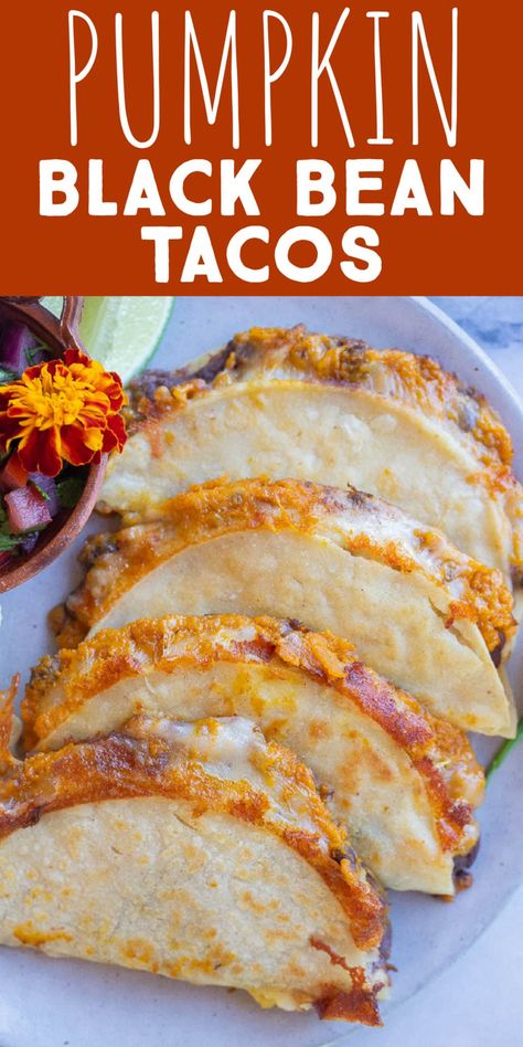 Acorn Squash Tacos, Fall Taco Recipes, Butternut Squash Tacos Recipes, Fall Tacos, Black Bean Tacos Recipes, Pumpkin Tacos, Halloween Tacos, Squash Tacos, Butternut Squash Tacos