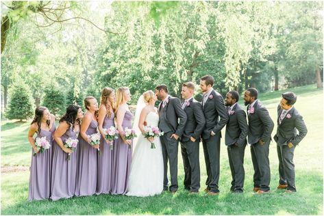 Lavender And Charcoal Grey Wedding, Lavender Wedding Bridal Party, Lavender Bridal Party Groomsmen, Lavender Bridal Party, Lilac Bridesmaid, Wedding Groomsmen Attire, Summertime Wedding, Suits Groom, Groomsmen Grey