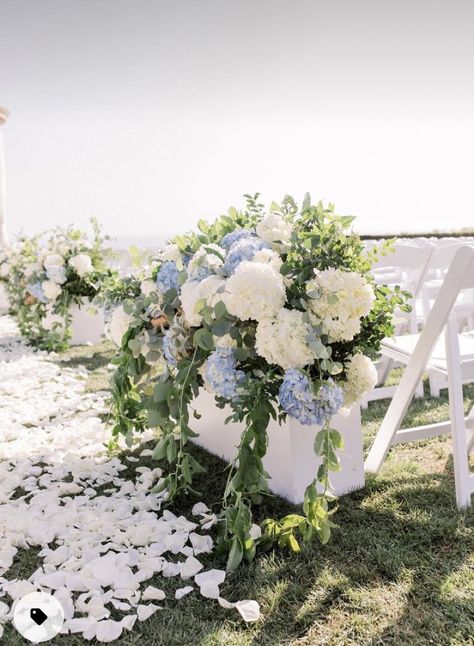 Blue Hydrangeas Centerpiece, Dusty Blue Coastal Wedding, Hydrangea Ceremony Decor, Wedding Blue Hydrangeas, Light Blue Wedding Florals, Coastal Wedding Florals, Hydrangea Wedding Aisle, Wedding With Hydrangeas, Dusty Blue Wedding Color Schemes