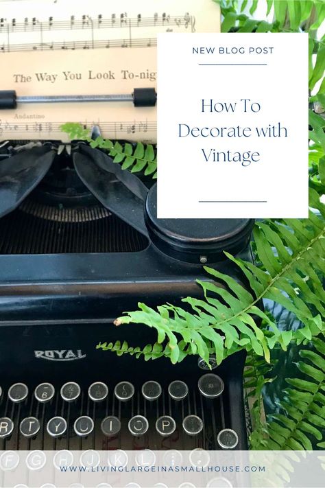 I love vintage and today I'm going to share with you how to decorate your living space with vintage decor. #vintage typewriter Decorating With Old Typewriters, Decorating With Vintage Typewriters, Vintage Typewriter Decor, Antique Typewriter Decor Display, How To Decorate With Antiques, Old Typewriter Decor, Decorating With Vintage Items, Typewriter Decor, Vignette Design