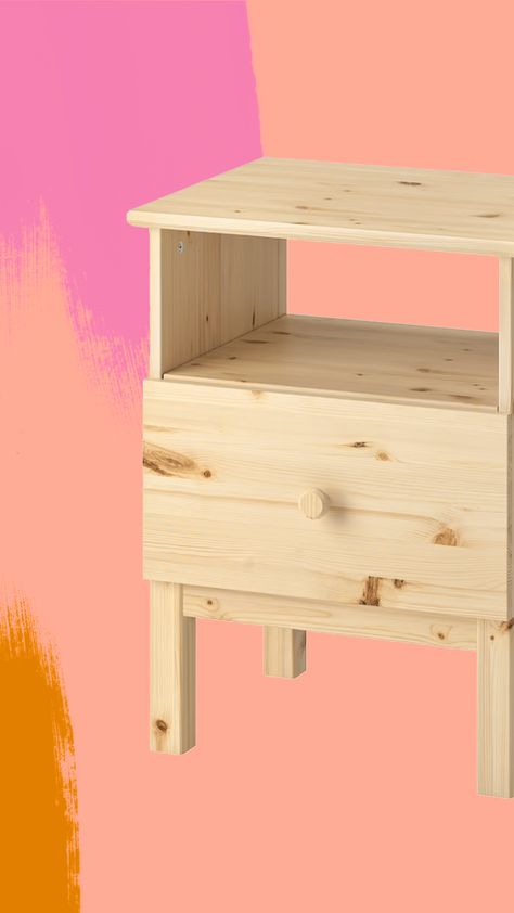 Ikea Tarva Side Table Hack, Ikea Tarva Hack Nightstand, Ikea Tarva Nightstand Makeover, Small Bedside Table Ideas Diy, Ikea Hack Bedside Table, Ikea Side Table Makeover, Tarva Nightstand Makeover, Diy Nightstands Ideas Bedside Tables, Nightstand Ikea Hack